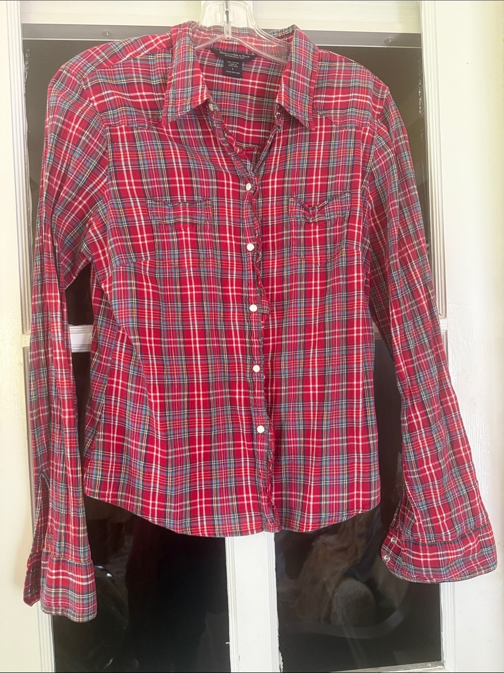 Abercrombie & Fitch Red Plaid Button-Up Shirt with Green Accents